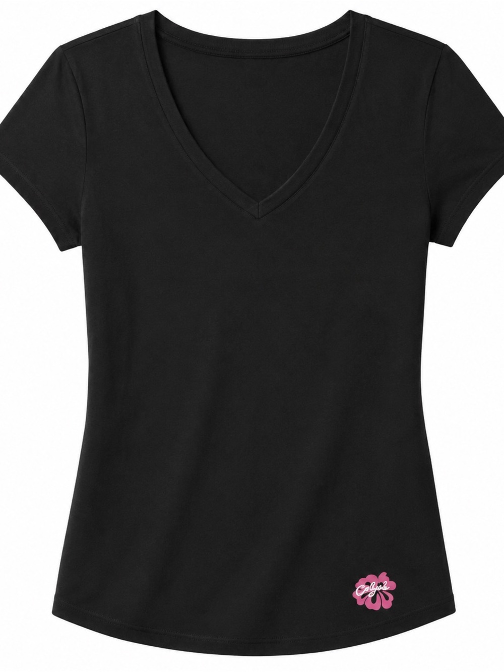 CaliGirl Women’s Black V-Neck T-Shirt Pink Hibiscus Logo, Size large